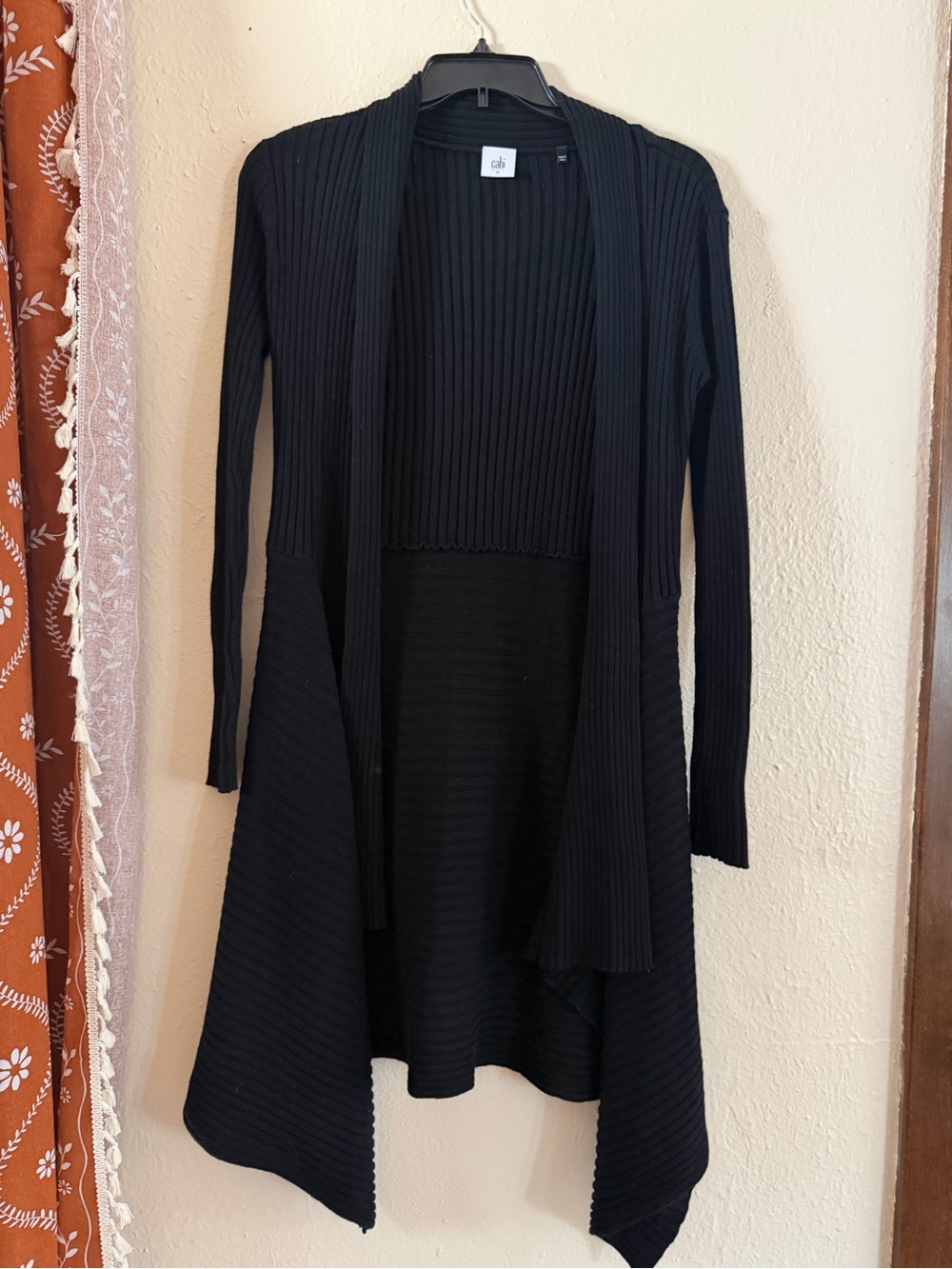 CAbi Black Ribbed Asymmetrical Dress Cardigan